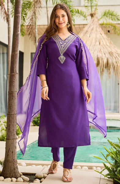 Violet Embroidered Rayon Slub Readymade Suit
