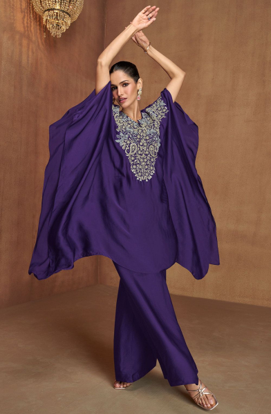Violet Embroidered Silk Kaftan with Palazzo
