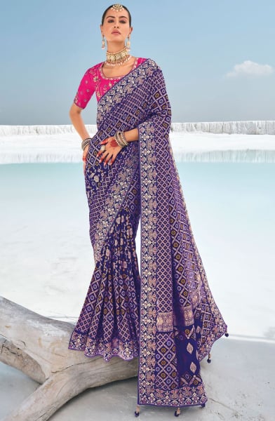 Violet Hand Embroidered Georgette Designer Saree