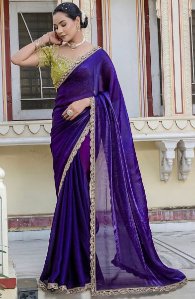 Violet Handwork Satin Saree for Wedding