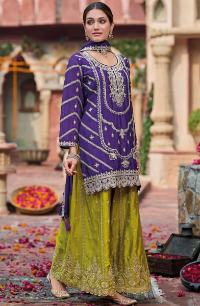 Violet Heavy Embroidered Chinnon Readymade Palazzo Kameez