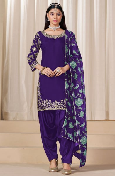 Violet Mirror Work Viscose Chanderi Patiala Kameez