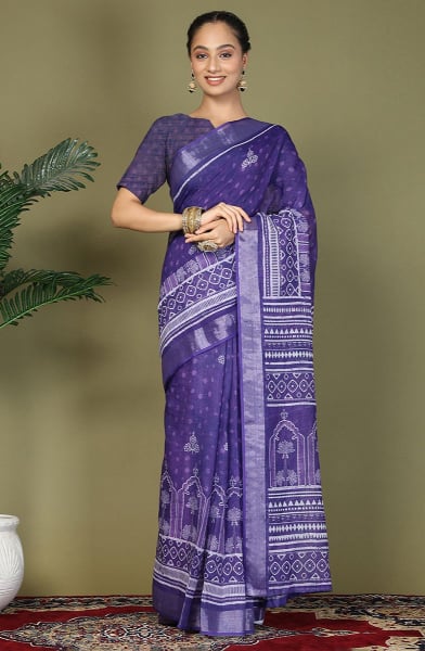 Violet Printed Cotton Ready to Wear Saree