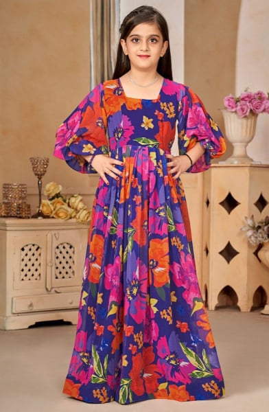 Violet Printed Georgette Girls Gown
