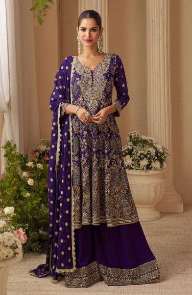 Violet Real Georgette Embroidered Palazzo Suit