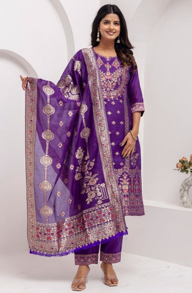 Violet Woven Jacquard Silk Readymade Suit