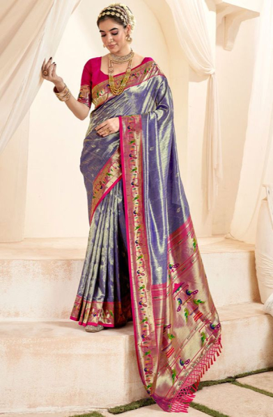 Violet Zari Woven Paithani Tissue Silk Saree