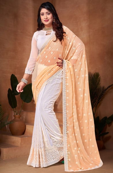 White and Apricot Resham Embroidered Georgette Saree