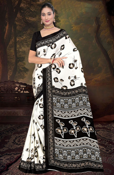 White and Black Printed Casual Wear Crepe Saree