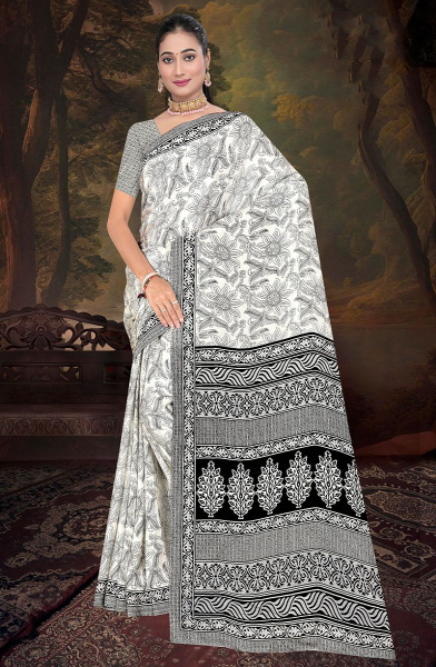 White and Black Printed Casual Wear Crepe Saree