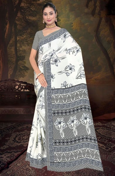 White and Black Printed Casual Wear Crepe Saree