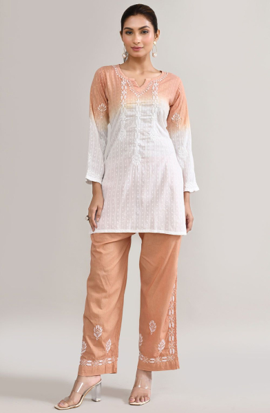 White and Brown Chikankari Work Cotton Co-Ord Set