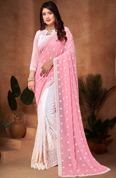 White and Carnation Pink Resham Embroidered Georgette Saree