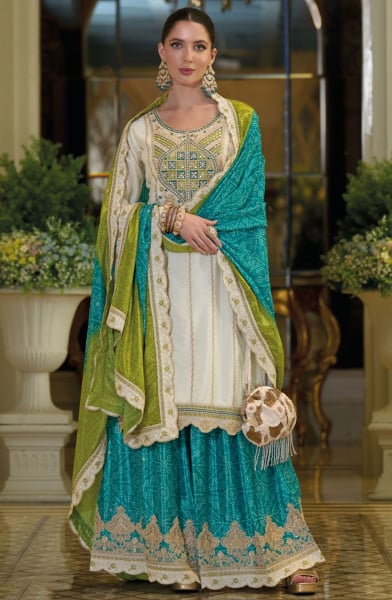 White and Firozi Embroidered Chinnon Silk Palazzo Kameez