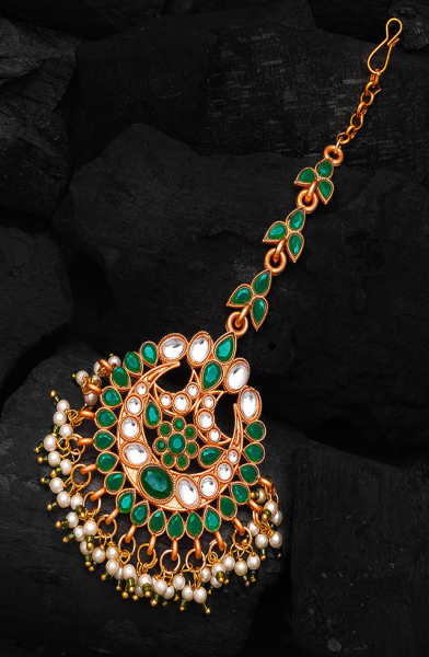 White and Green Stones Studded Maang Tikka