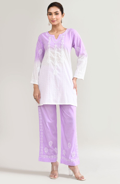 White and Lavender Chikankari Work Cotton Co-Ord Set
