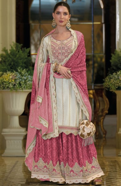 White and Magenta Embroidered Chinnon Silk Palazzo Kameez