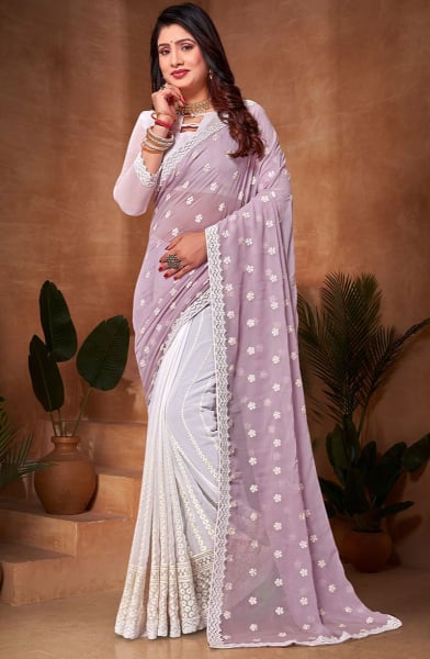 White and Mauve Purple Resham Embroidered Georgette Saree