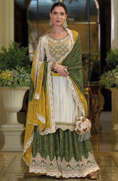 White and Olive Green Embroidered Chinnon Silk Palazzo Kameez