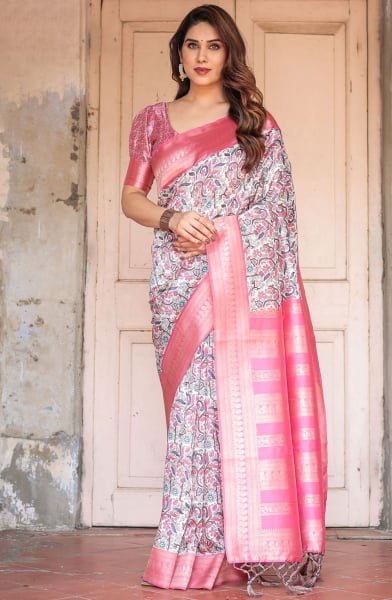 White and Pink Banarasi Silk Saree