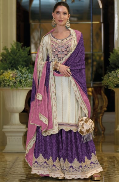White and Purple Embroidered Chinnon Silk Palazzo Kameez