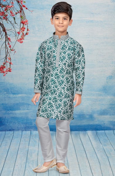 White and Rama Green Silk Dupion Kids Kurta Set