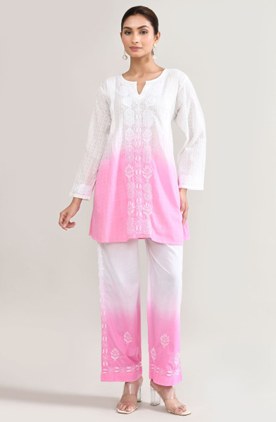White and Rose Pink Chikankari Work Cotton Co-Ord Set