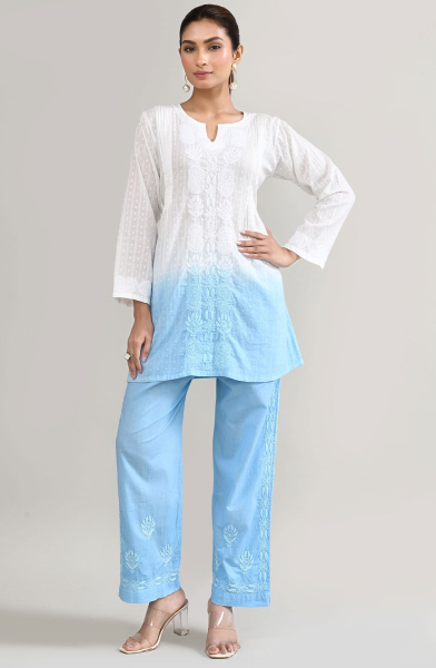 White and Sky Blue Chikankari Work Cotton Co-Ord Set