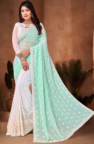 White and Turquoise Resham Embroidered Georgette Saree