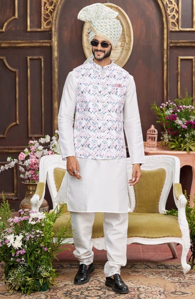 White Art Banarasi Silk Kurta Set with Jacket