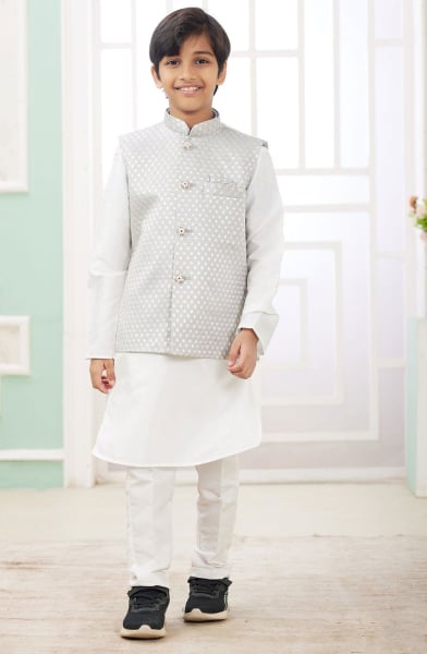 White Art Silk Kids Kurta Set with Jacket