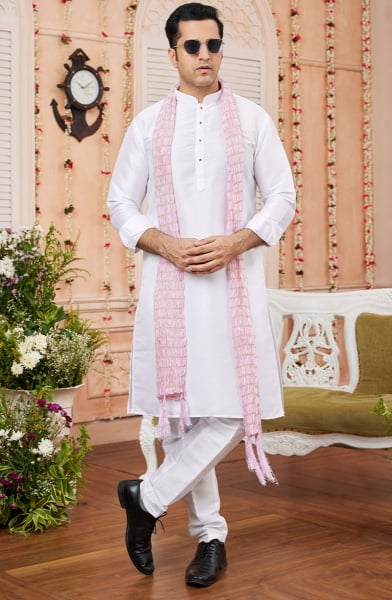 White Art Silk Kurta Set with Stole