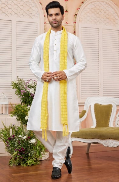 White Art Silk Kurta Set with Stole