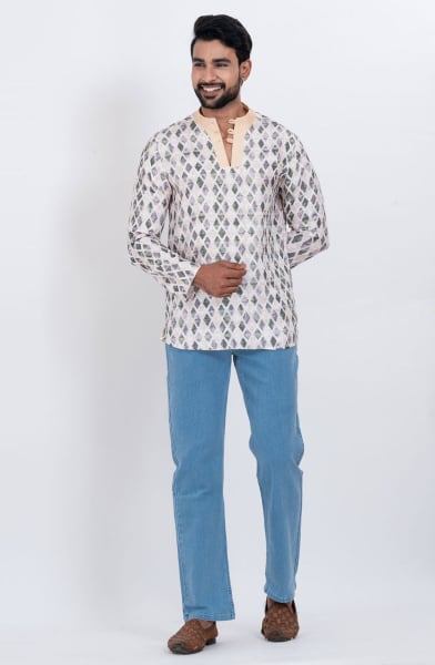 White Cotton Digital Printed Kurta for Festival