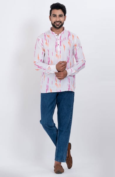 White Cotton Digital Printed Kurta for Festival