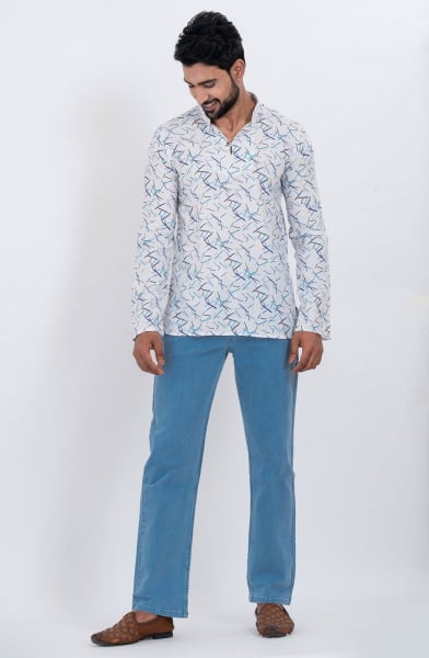 White Cotton Digital Printed Kurta for Festival