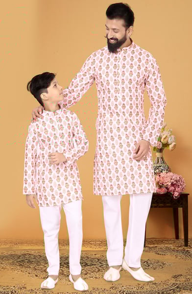 White Cotton Father Son Kurta Set Combo
