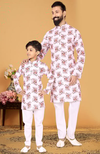 White Cotton Father Son Kurta Set Combo