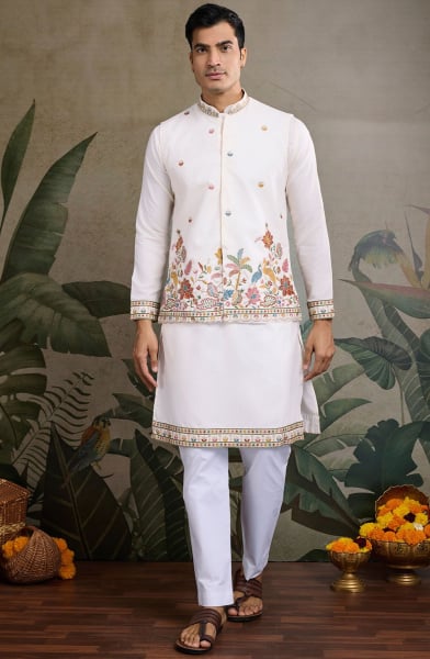 White Cotton Kurta Set with Embroidered Jacket
