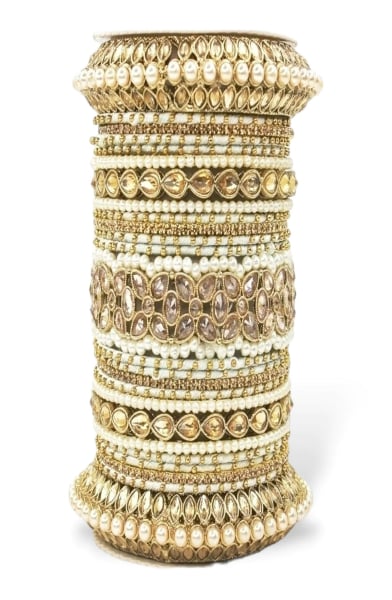 White Designer Bangle Set with Moti and Stones