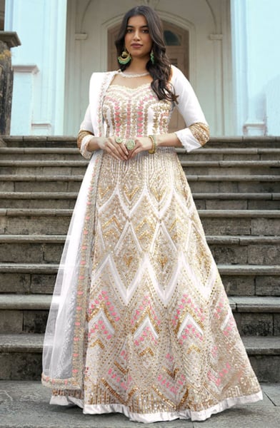 White Designer Embroidered Net Anarkali Suit