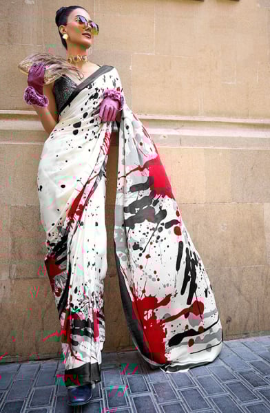White Digital Print Satin Crepe Saree