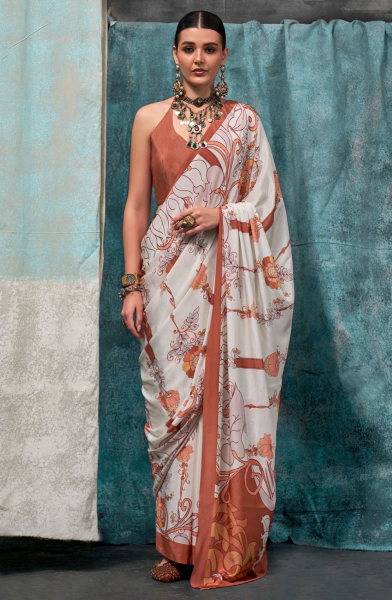 White Digital Print Silk Crepe Saree
