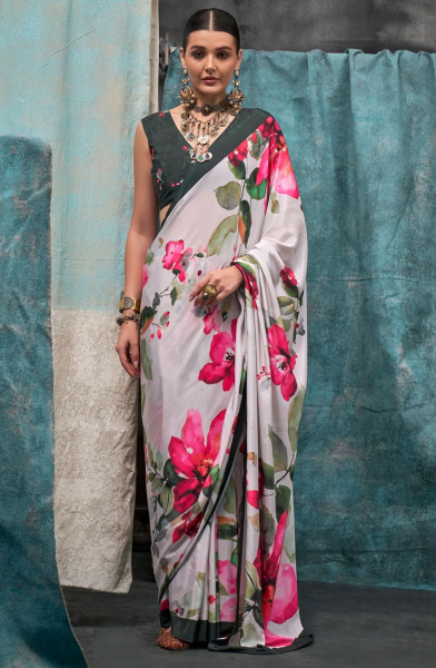 White Digital Print Silk Crepe Saree