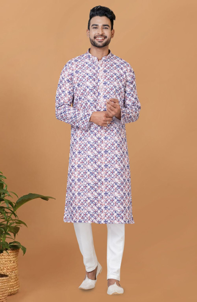 White Digital Printed Kurta Set for Festival
