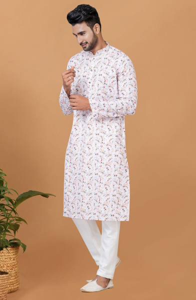 White Digital Printed Kurta Set for Festival
