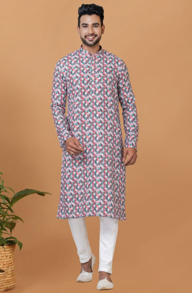 White Digital Printed Kurta Set for Festival