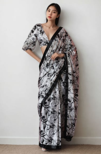 White Digital Printed Party Wear Saree