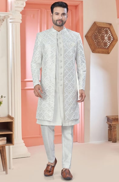 White Embroidered Art Silk Designer Indo Western