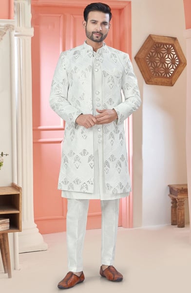 White Embroidered Art Silk Designer Indo Western